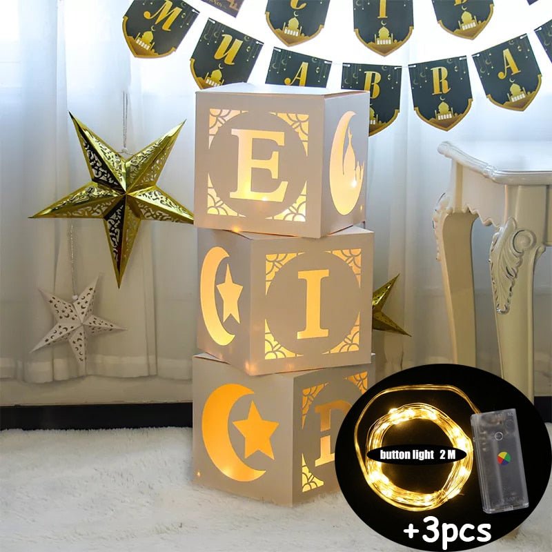 3 Pc Stackable White Eid Boxes with Multi Color Light String - www.DeeneeShop.com