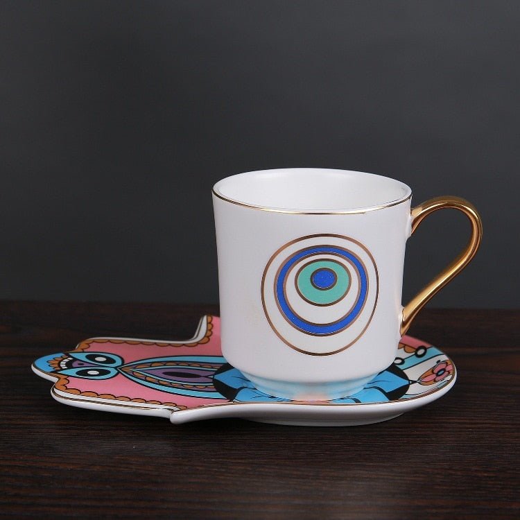 Ceramic Turkish Coffee 6 Cup & Saucer Set Hand Dish Evil Eye Cups (4 Styles) - www.DeeneeShop.com