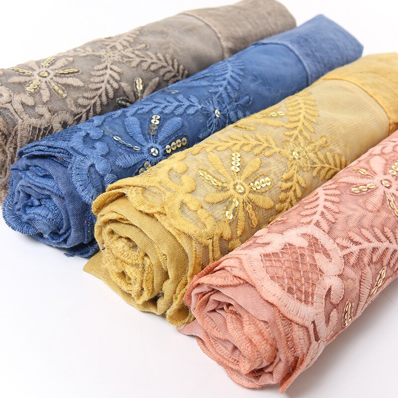 Ladies Exquisite Lace Scarf Embroidered Tie-dye Cotton Rectangular Floral Hijab Muslim Women Headscarf (12 Colors) - www.DeeneeShop.com