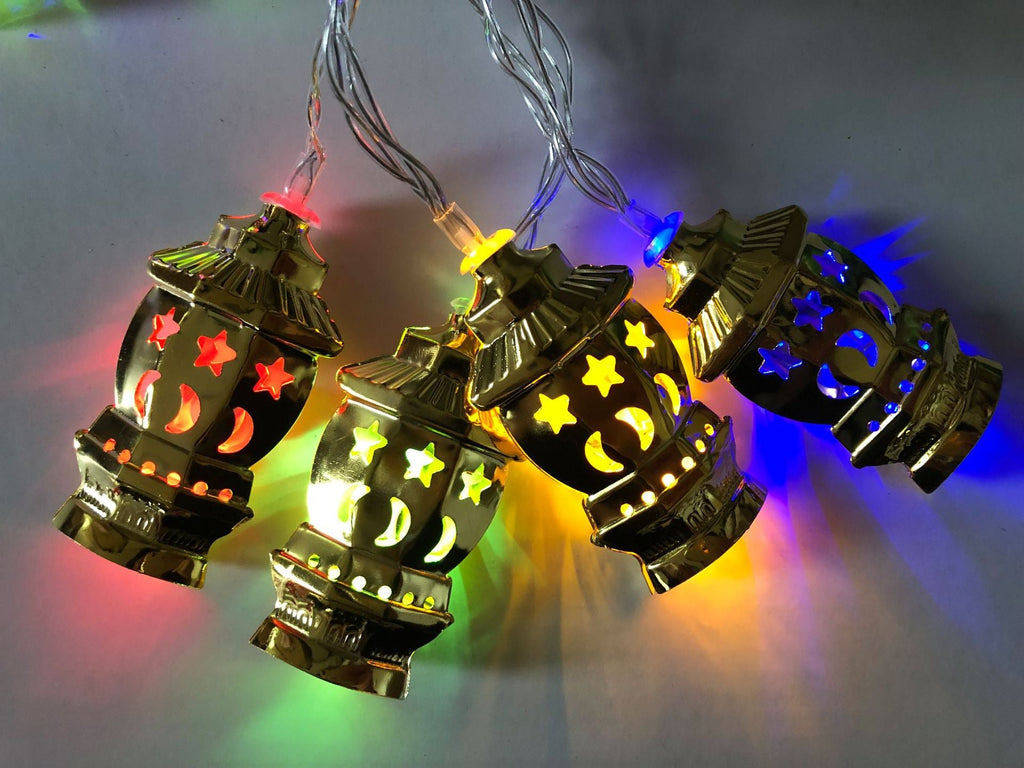 Ramadan/Eid Wrought Iron LED Lantern String Lights, 10 & 20 lights, Warm White & 4 Color - www.DeeneeShop.com