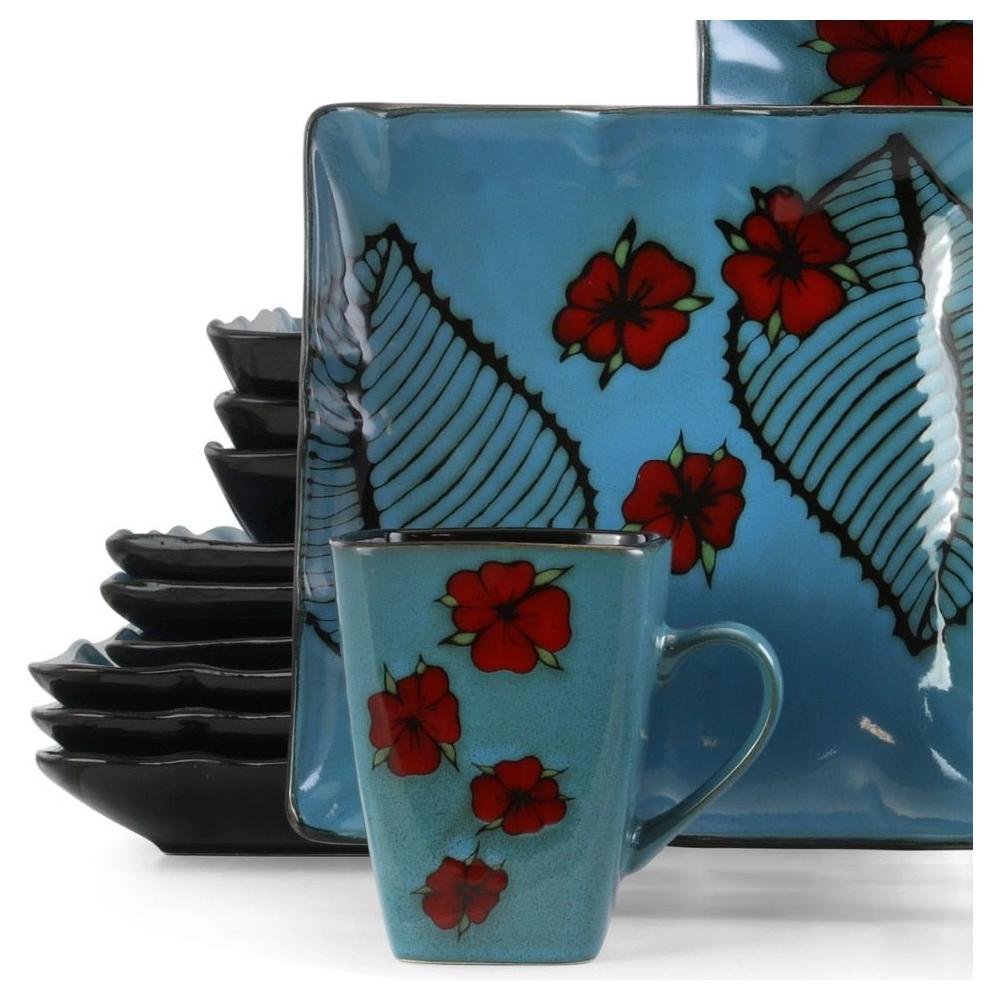 16 Piece Blue Square Floral Stoneware Dinnerware Set - www.DeeneeShop.com