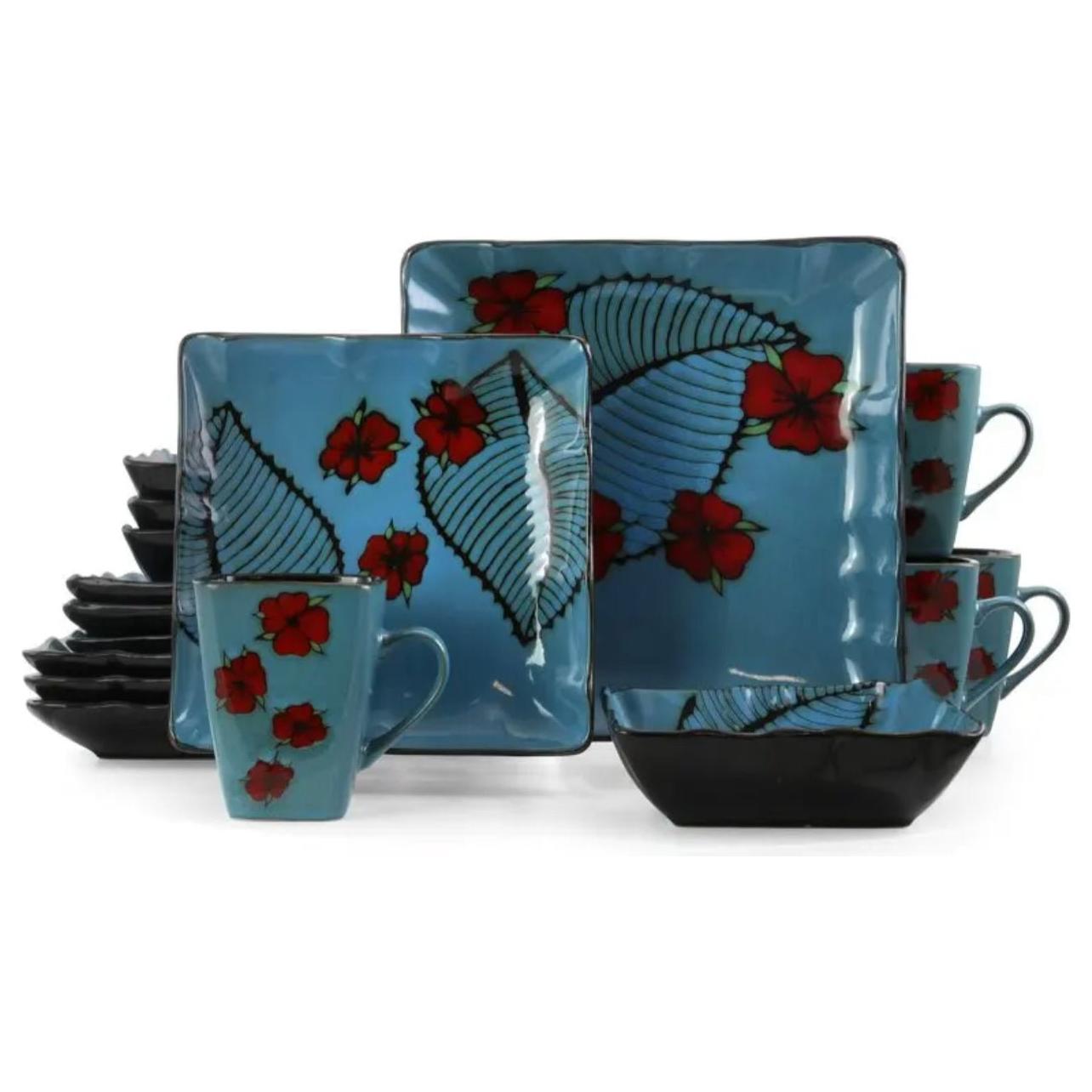 16 Piece Blue Square Floral Stoneware Dinnerware Set - www.DeeneeShop.com