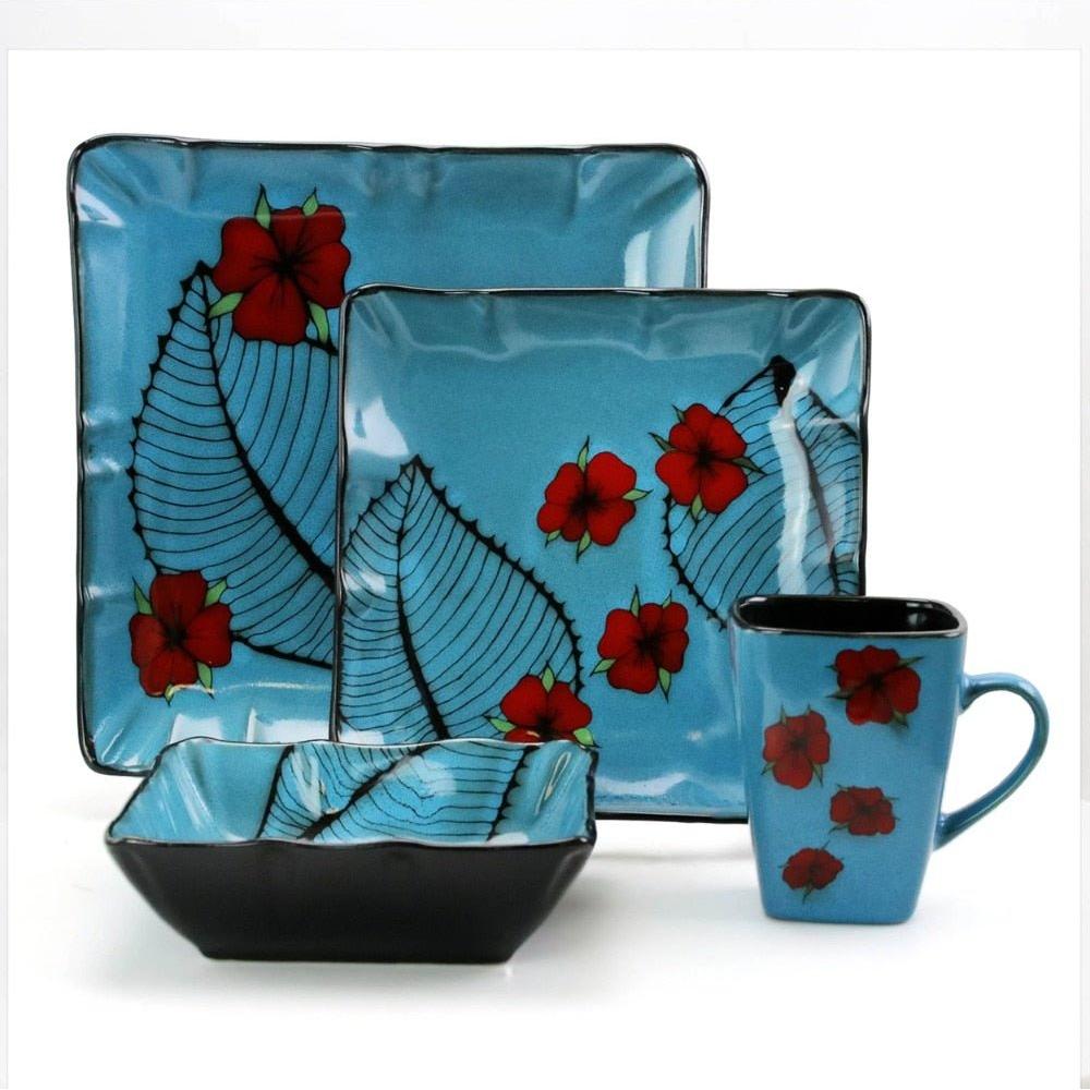 16 Piece Blue Square Floral Stoneware Dinnerware Set - www.DeeneeShop.com