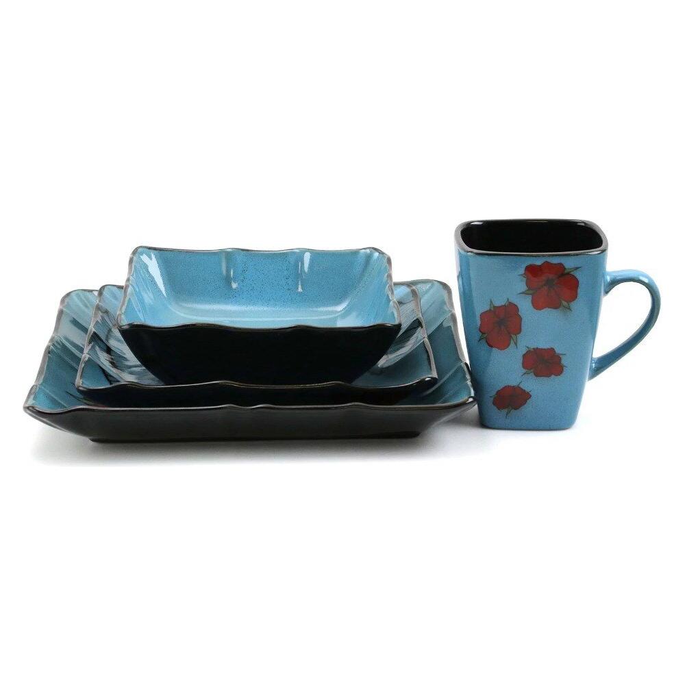 16 Piece Blue Square Floral Stoneware Dinnerware Set - www.DeeneeShop.com