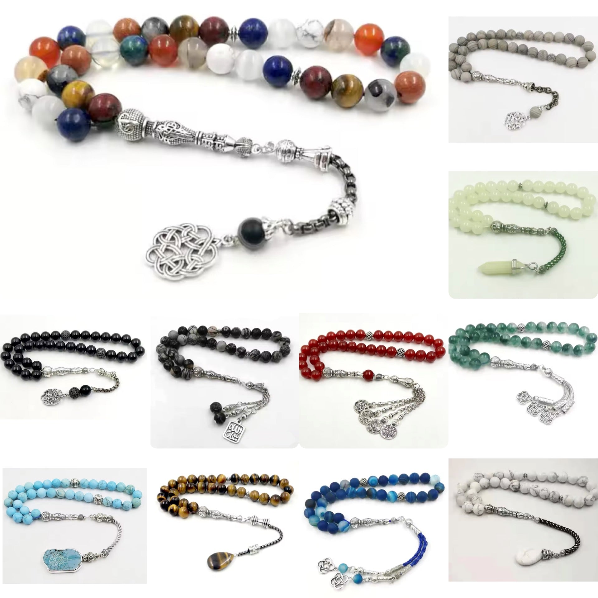 Natural Stone Gemstone Muslim Prayer Beads Tasbih Misbaha (11 Styles, 33, 66, 99 Count, 3 Bead Sizes) - www.DeeneeShop.com