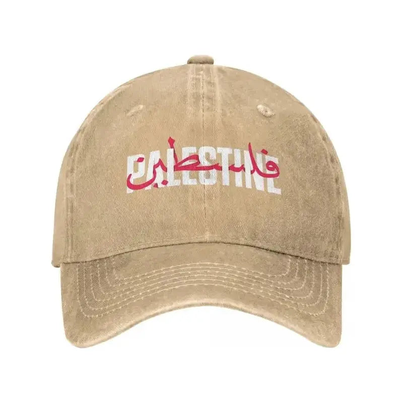 Palestine in Arabic and English Washed Baseball Denim Cap Snapback Hat (7 Colors) - www.DeeneeShop.com