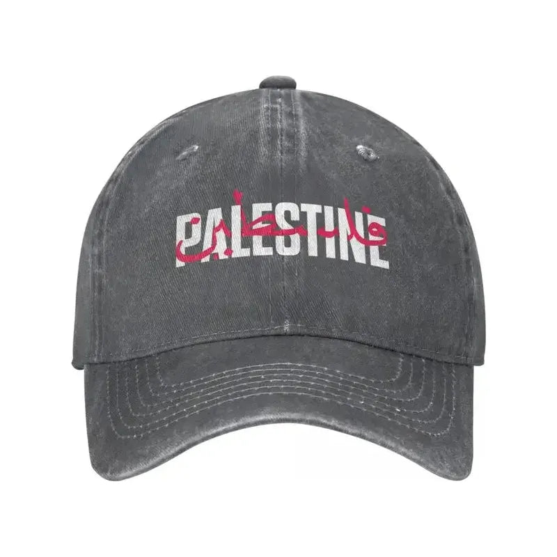 Palestine in Arabic and English Washed Baseball Denim Cap Snapback Hat (7 Colors) - www.DeeneeShop.com