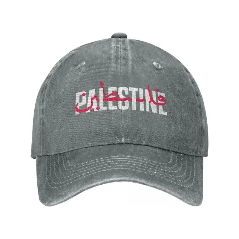 Palestine in Arabic and English Washed Baseball Denim Cap Snapback Hat (7 Colors) - www.DeeneeShop.com