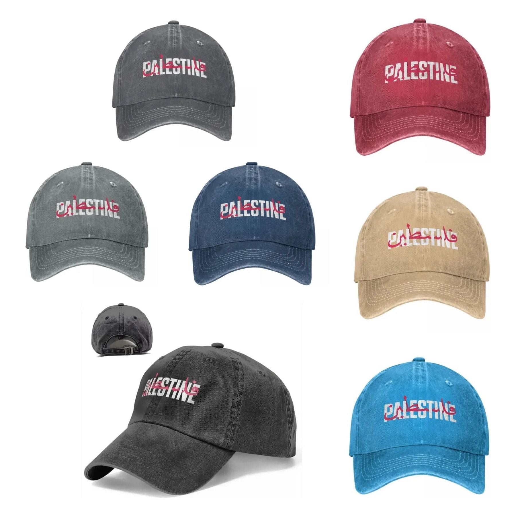 Palestine in Arabic and English Washed Baseball Denim Cap Snapback Hat (7 Colors) - www.DeeneeShop.com