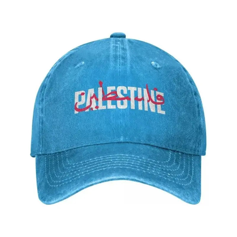 Palestine in Arabic and English Washed Baseball Denim Cap Snapback Hat (7 Colors) - www.DeeneeShop.com