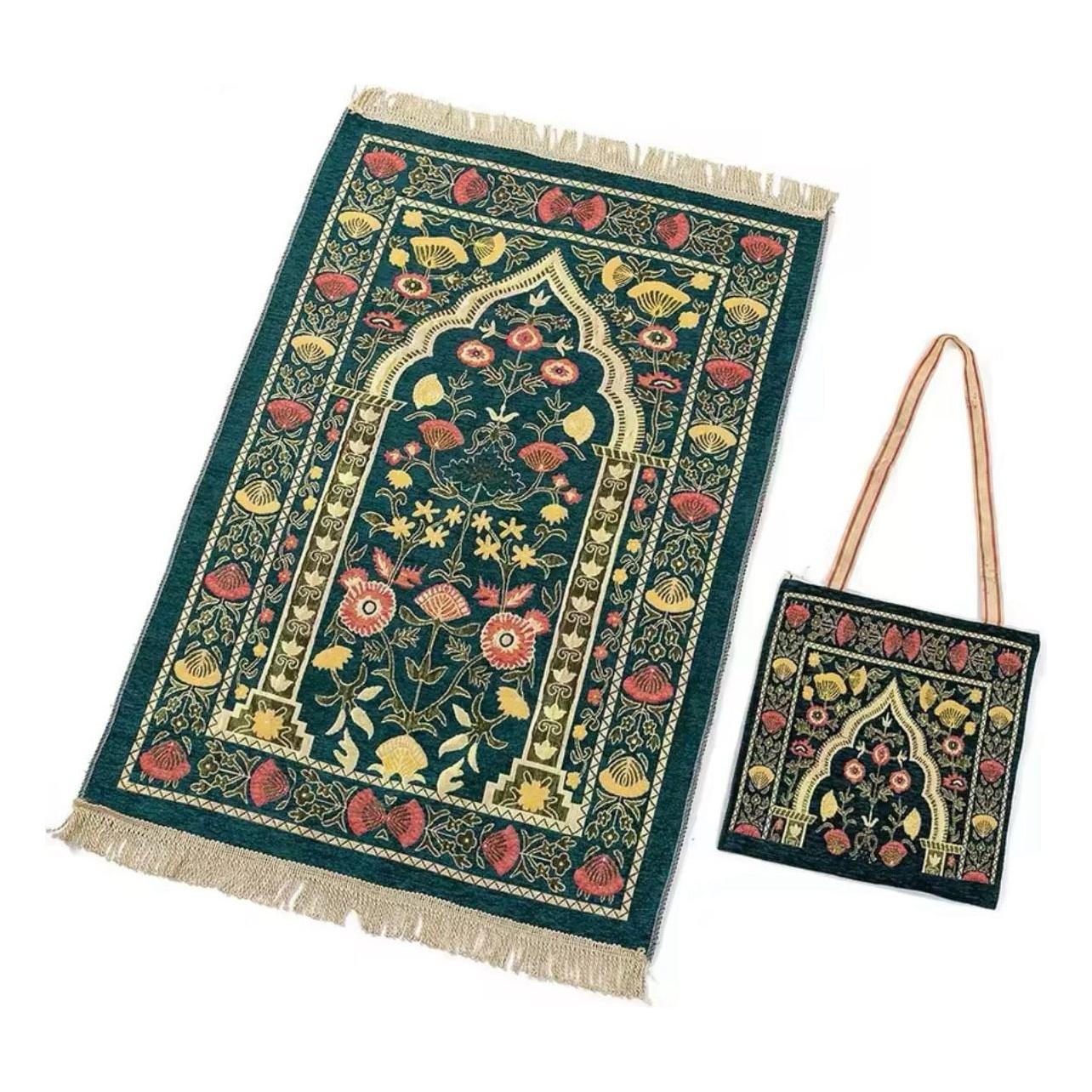 Prayer Janamaz Salat Rug Mat - Turkish Soft Floral with Travel Bag (5 Colors) - www.DeeneeShop.com