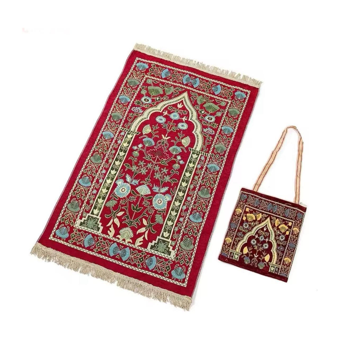 Prayer Janamaz Salat Rug Mat - Turkish Soft Floral with Travel Bag (5 Colors) - www.DeeneeShop.com