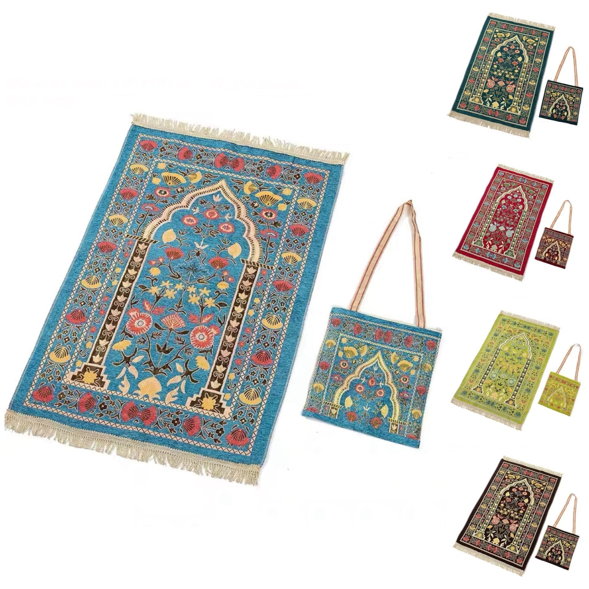 Prayer Janamaz Salat Rug Mat - Turkish Soft Floral with Travel Bag (5 Colors) - www.DeeneeShop.com