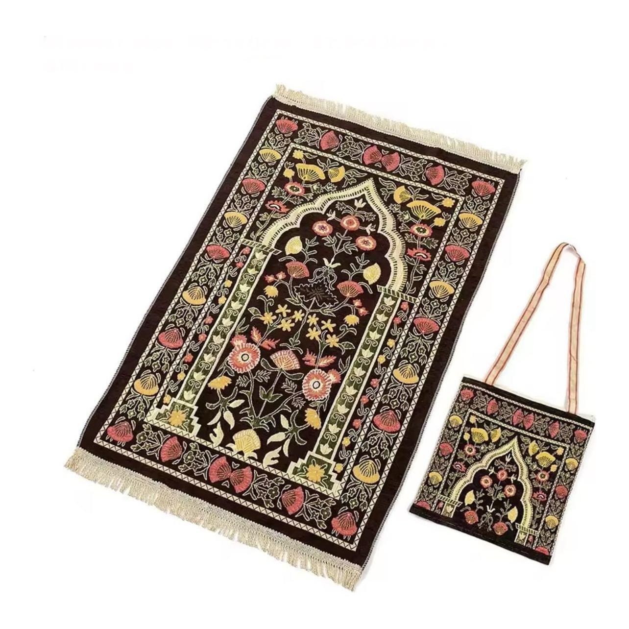 Prayer Janamaz Salat Rug Mat - Turkish Soft Floral with Travel Bag (5 Colors) - www.DeeneeShop.com