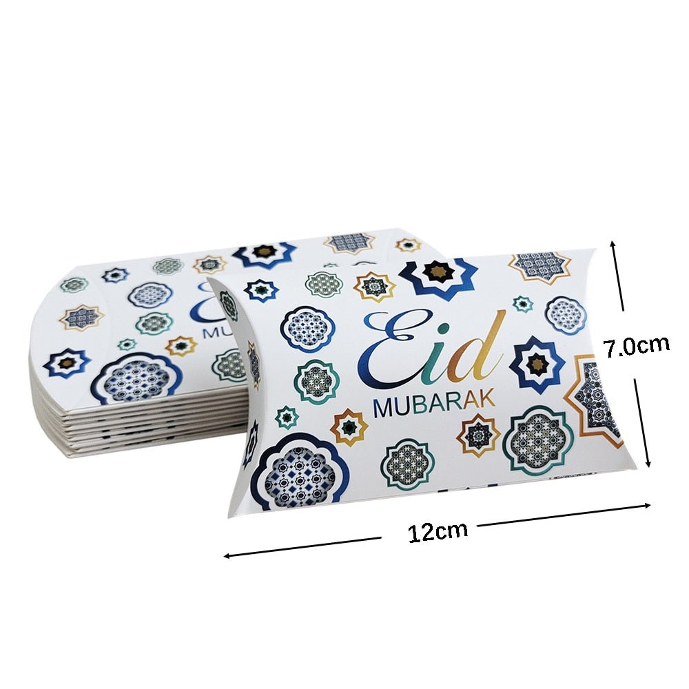 10 Pc Eid Mubarak Ramadan Kareem Pillow Shaped Gift Box for Cookies, Candy, Treats, Money (Multiple Designs) - www.DeeneeShop.com