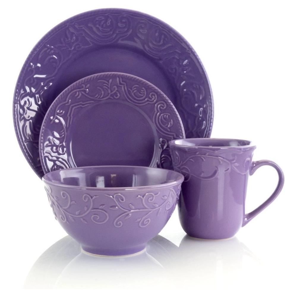 16 Piece Purple Dinnerware Plates, Bowls, and Mugs Set - www.DeeneeShop.com