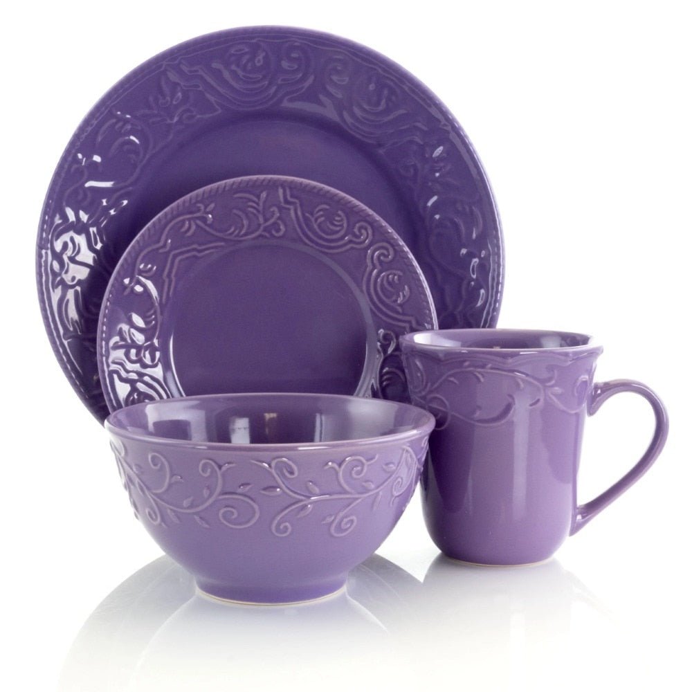 16 Piece Purple Dinnerware Plates, Bowls, and Mugs Set - www.DeeneeShop.com
