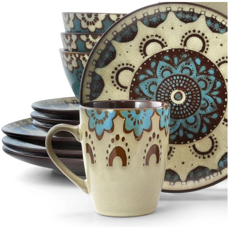 16 Piece Tan and Blue Ceramic Dinnerware Set - www.DeeneeShop.com