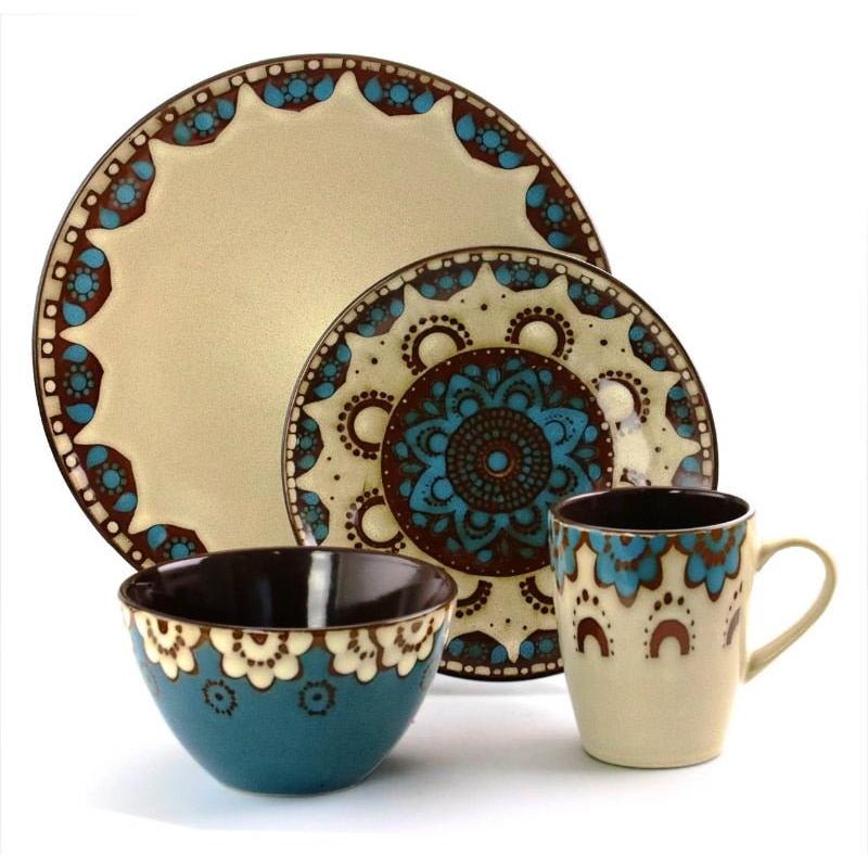 16 Piece Tan and Blue Ceramic Dinnerware Set - www.DeeneeShop.com