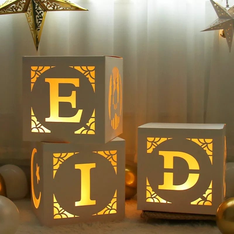3 Pc Stackable White Eid Boxes with Multi Color Light String - www.DeeneeShop.com
