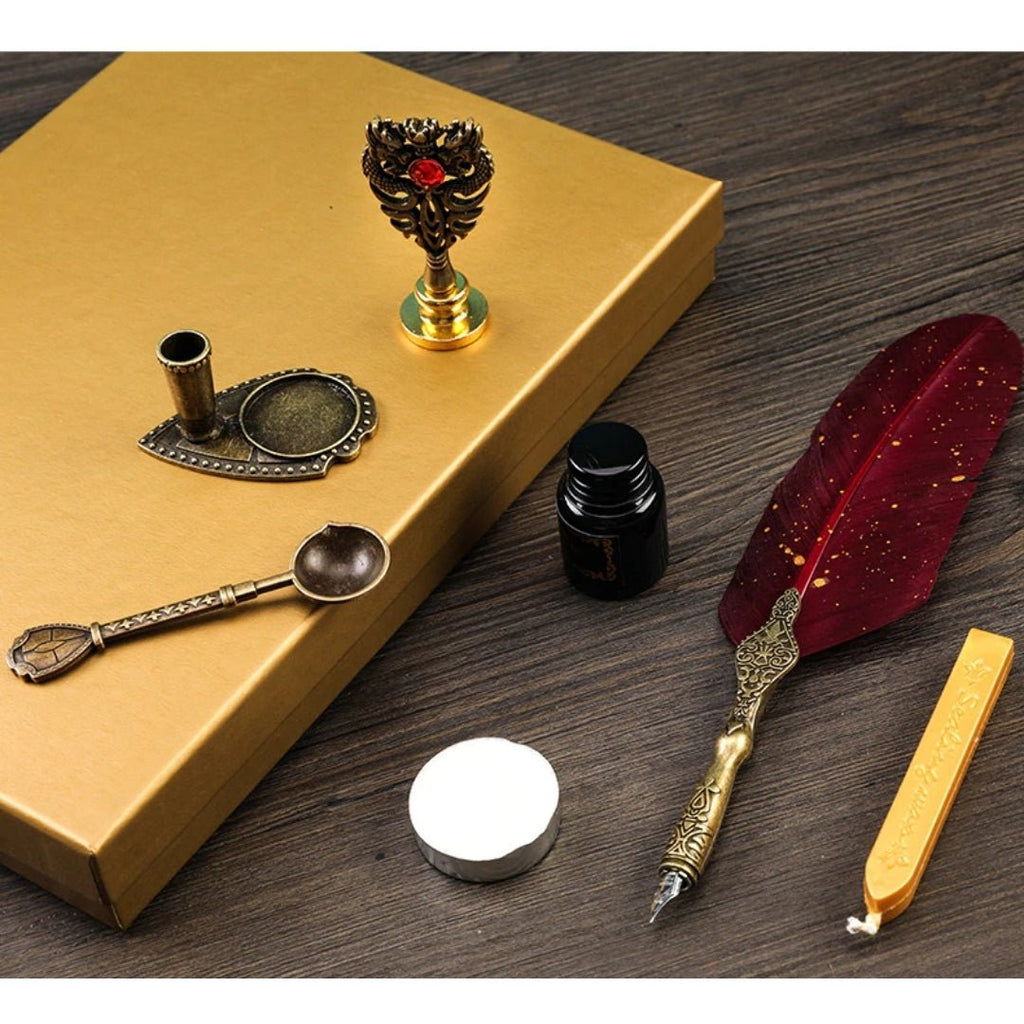 Calligraphy Gift Set - Feather Pen, Nibs, Seal, Wax etc (13 Products) - www.DeeneeShop.com