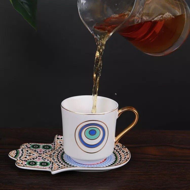 Ceramic Turkish Coffee 6 Cup & Saucer Set Hand Dish Evil Eye Cups (4 Styles) - www.DeeneeShop.com