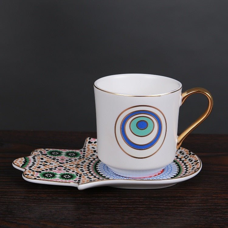 Ceramic Turkish Coffee 6 Cup & Saucer Set Hand Dish Evil Eye Cups (4 Styles) - www.DeeneeShop.com