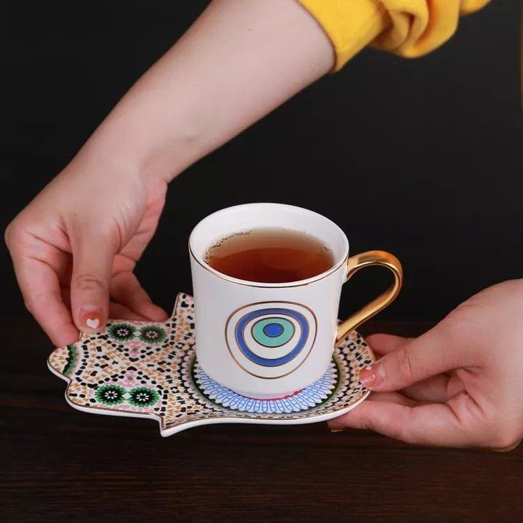 Ceramic Turkish Coffee 6 Cup & Saucer Set Hand Dish Evil Eye Cups (4 Styles) - www.DeeneeShop.com