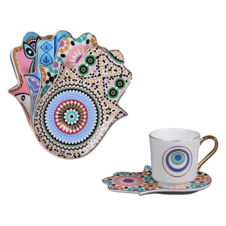 Ceramic Turkish Coffee 6 Cup & Saucer Set Hand Dish Evil Eye Cups (4 Styles) - www.DeeneeShop.com