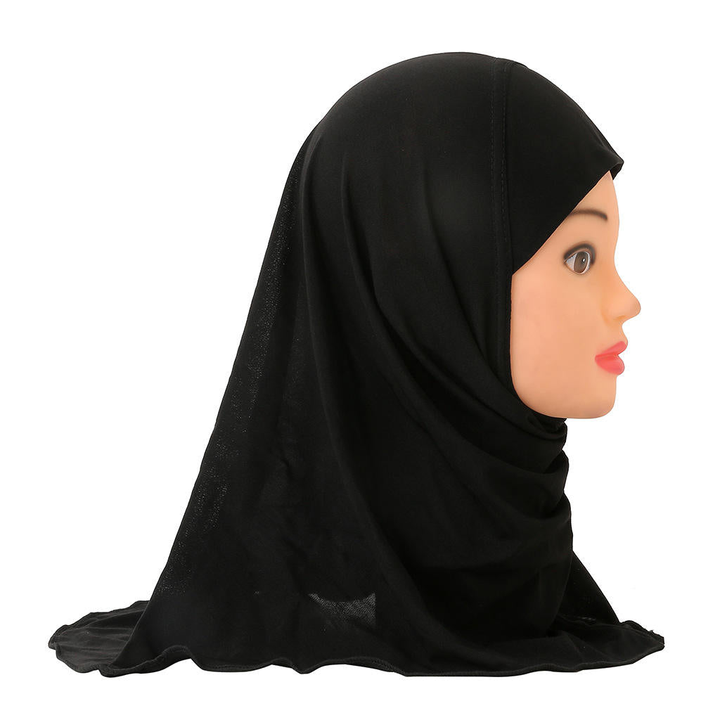 Girls Cotton Muslim Prayer Hijab Scarf Kids Salah Cover Islamic Shawl Solid One-Piece Fits 2-7 Year Old - www.DeeneeShop.com