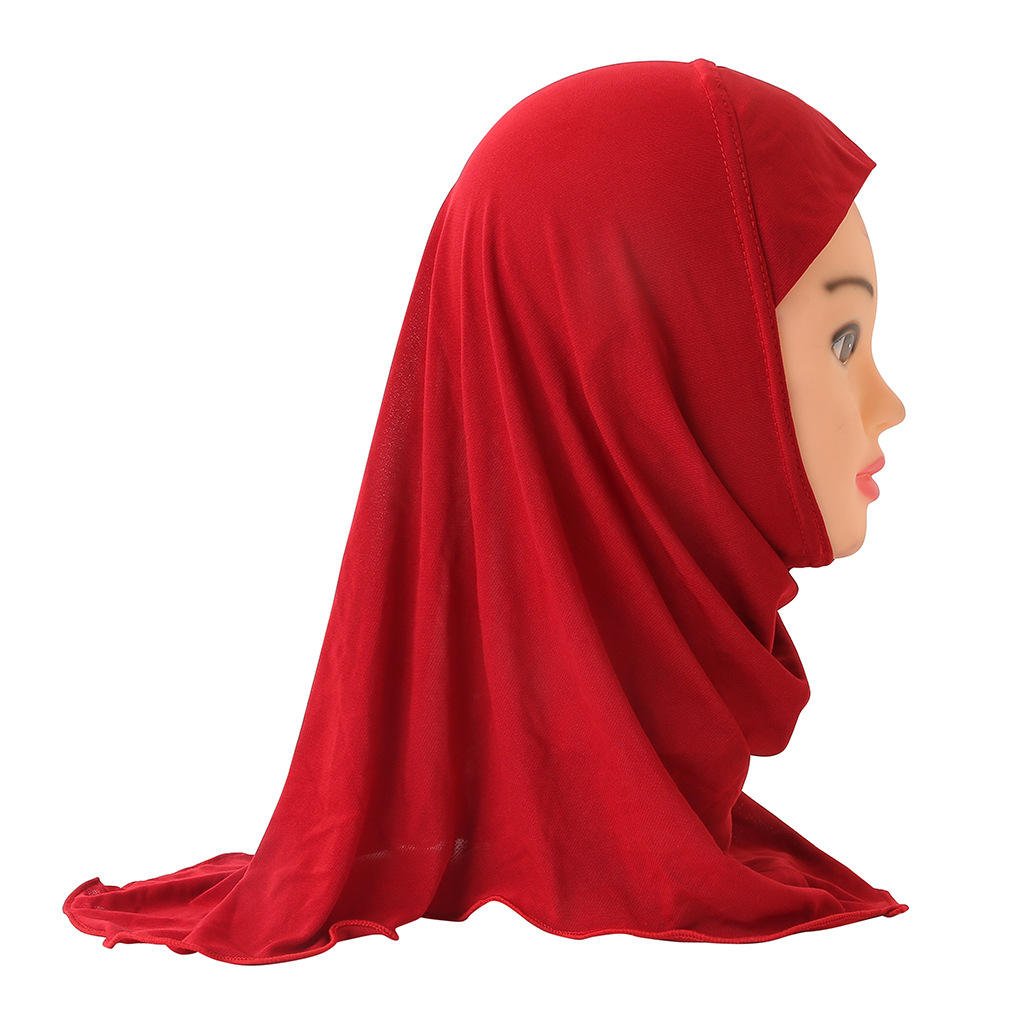Girls Cotton Muslim Prayer Hijab Scarf Kids Salah Cover Islamic Shawl Solid One-Piece Fits 2-7 Year Old - www.DeeneeShop.com