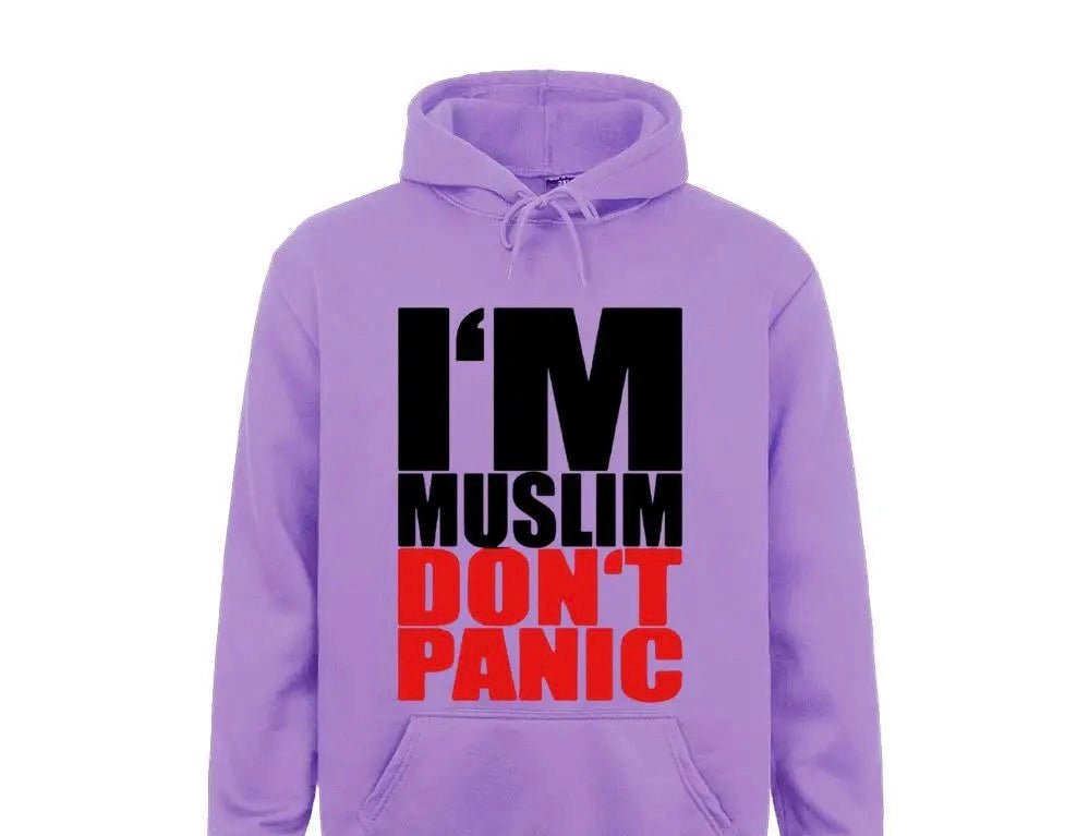 “I Am Muslim Don’t Panic” Polyester Hoodie Long Sleeve Sweatshirt (13 Colors, 6 Sizes) - www.DeeneeShop.com