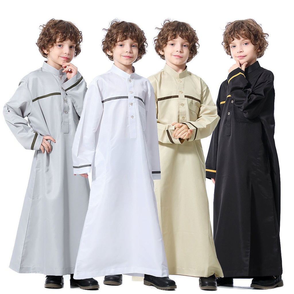 Kids/boys Islamic Thawb or Kaftan Line Across with Button Front (4 colors, 6 sizes) - www.DeeneeShop.com
