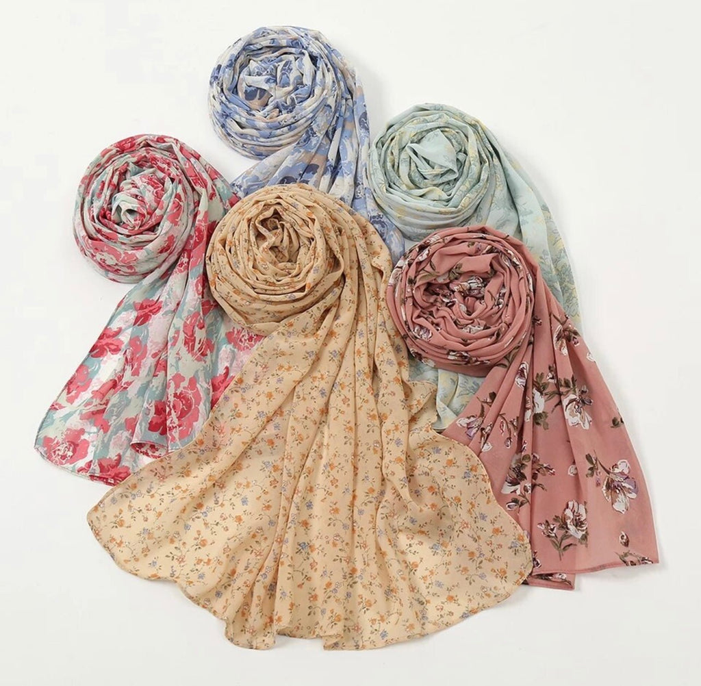 Ladies Floral Chiffon Rectangular Headscarf/Hijab (41 colors) - www.DeeneeShop.com