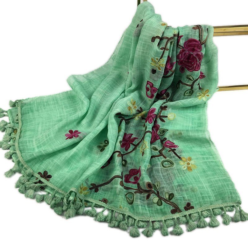 Ladies Soft Cotton Muslim Hijab Embroidered Shawl Scarf with Tassels (15 Colors) - www.DeeneeShop.com