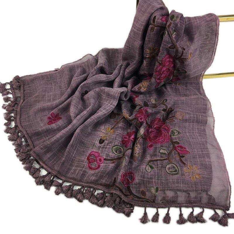 Ladies Soft Cotton Muslim Hijab Embroidered Shawl Scarf with Tassels (15 Colors) - www.DeeneeShop.com