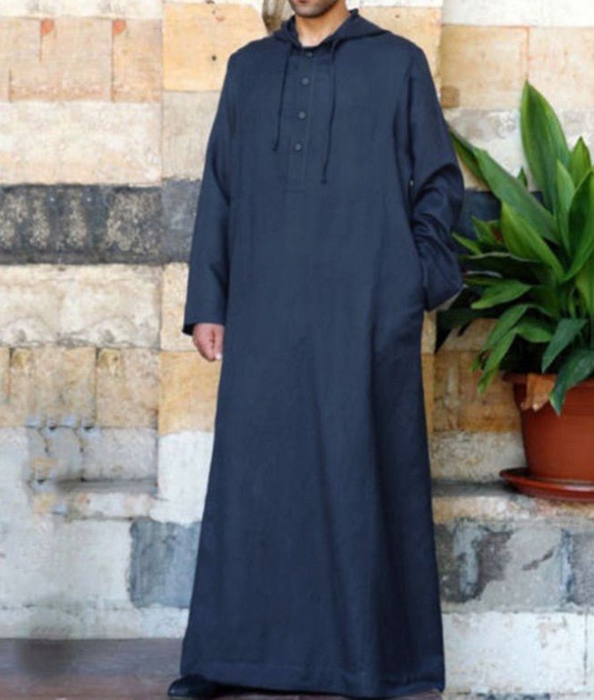 Men's Long Sleeve Cotton Hooded Muslim Thobe, Kaftan, Jubba (5 Colors, 8 Sizes) - www.DeeneeShop.com