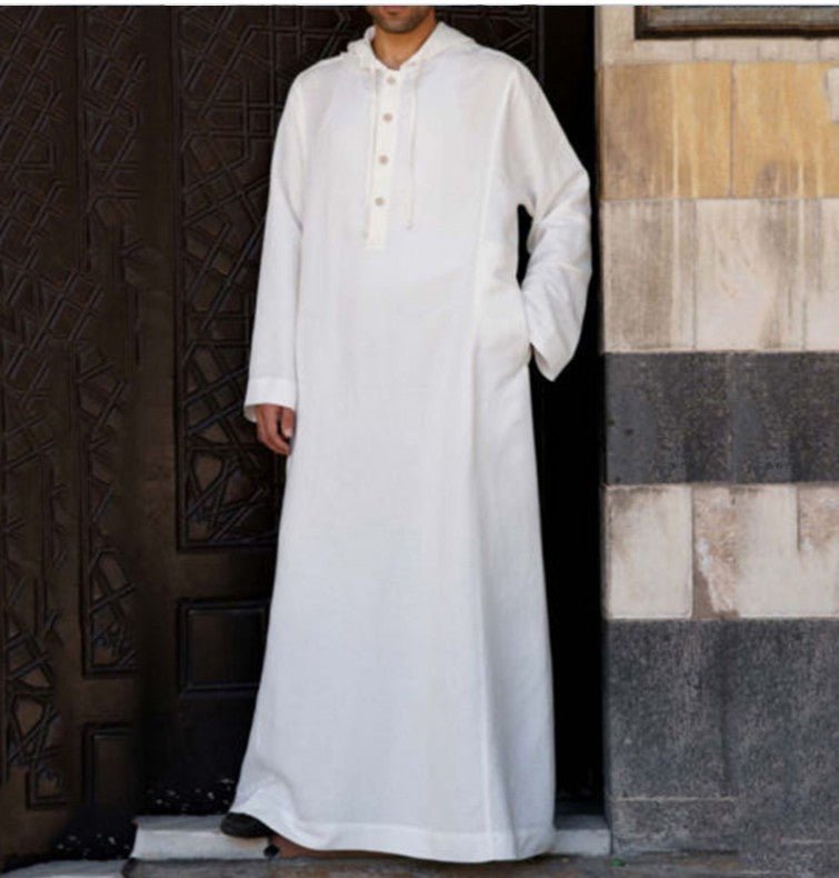 Men's Long Sleeve Cotton Hooded Muslim Thobe, Kaftan, Jubba (5 Colors, 8 Sizes) - www.DeeneeShop.com