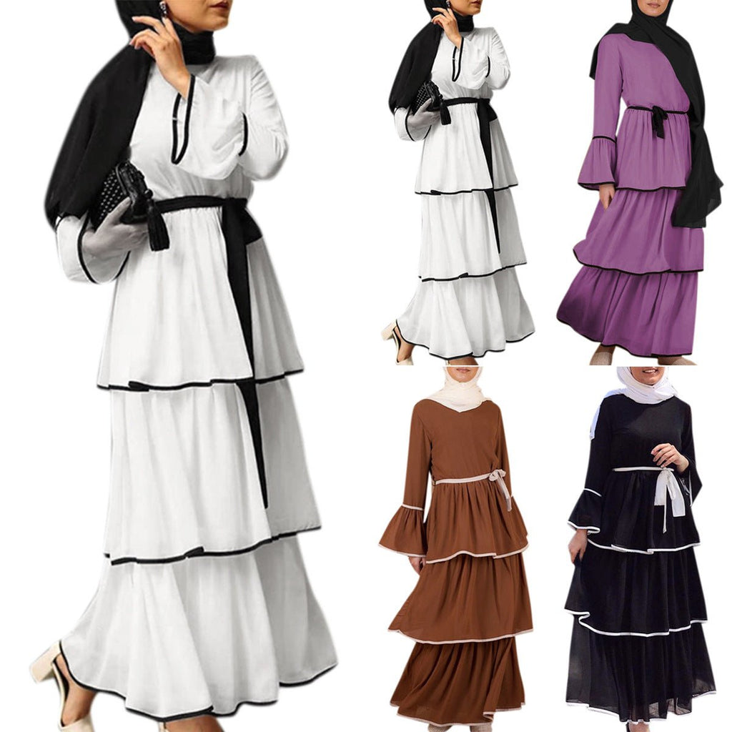 Multi-Layered Muslim Arab Turkish Dress with Belt and Hijab/Headscarf (4 Colors, 5 Sizes) - www.DeeneeShop.com