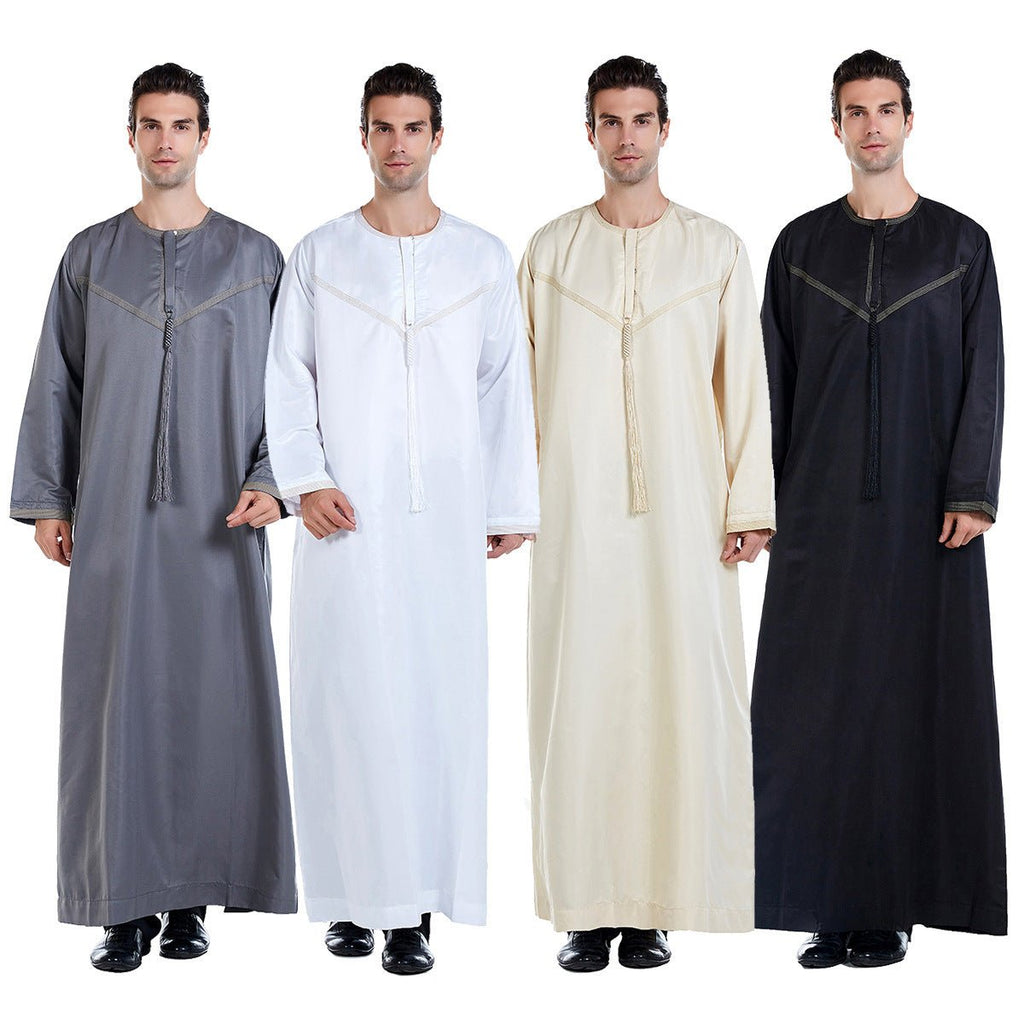 Muslim Men Embroidered Kaftan, Jubba, Thobe with Tassel (4 Colors, 6 Sizes) - www.DeeneeShop.com