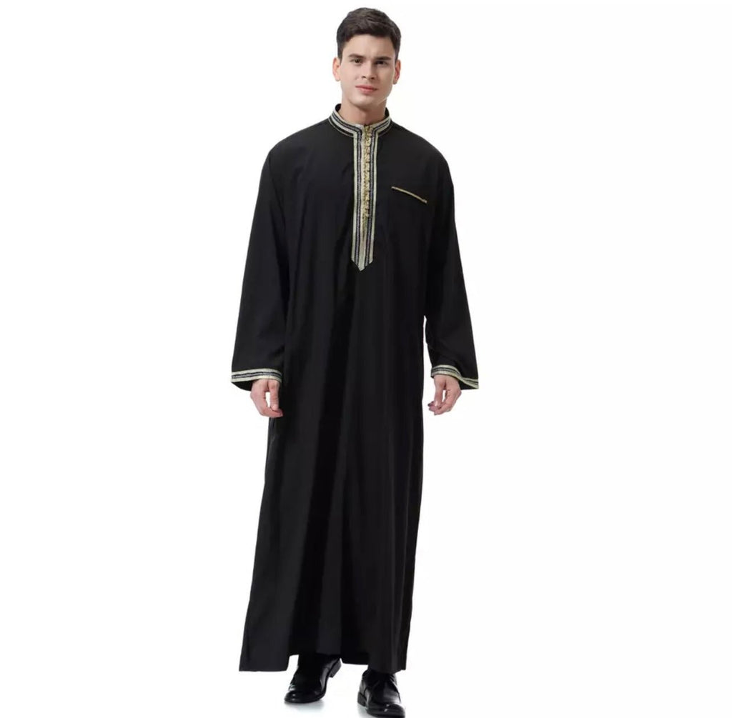 Muslim Men Long Sleeve Solid Crew Neck Thawb or Kaftan with Zipper Front (4 colors, 6 sizes) - www.DeeneeShop.com