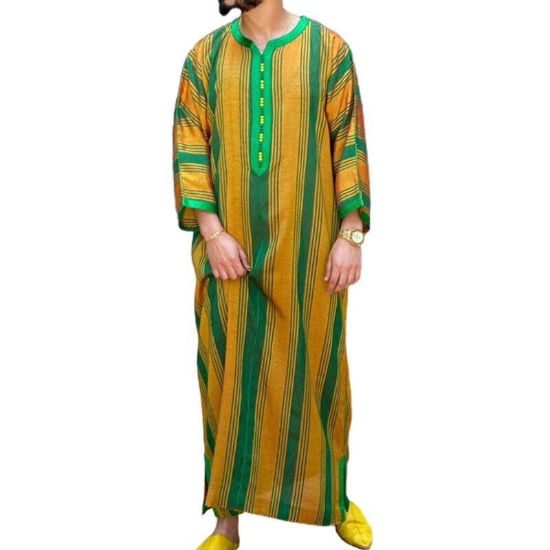Muslim Men Loose Jubba Thobe Caftan Islamic Thawb Jubbah Green/Yellow Stripes - www.DeeneeShop.com