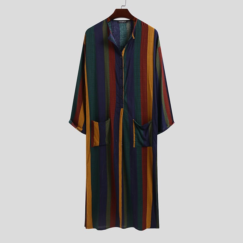 Muslim Men's Cotton Striped Printed Robe kaftan Thawb Jubba (2 Colors, 6 Sizes) - www.DeeneeShop.com