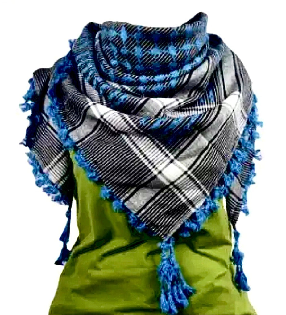Palestinian Keffiyeh Blue & Grey Shemagh Arabian Headscarf - www.DeeneeShop.com