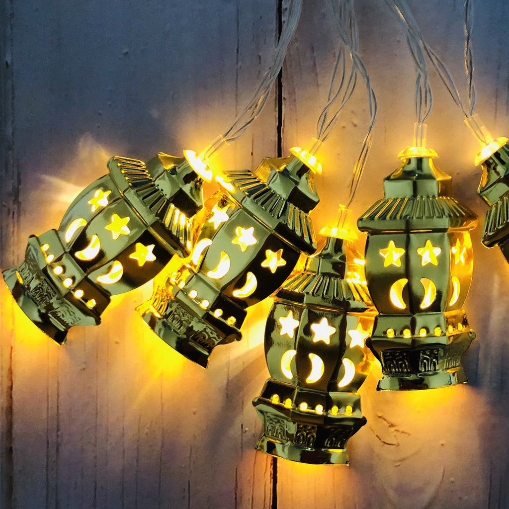 Ramadan/Eid Wrought Iron LED Lantern String Lights, 10 & 20 lights, Warm White & 4 Color - www.DeeneeShop.com