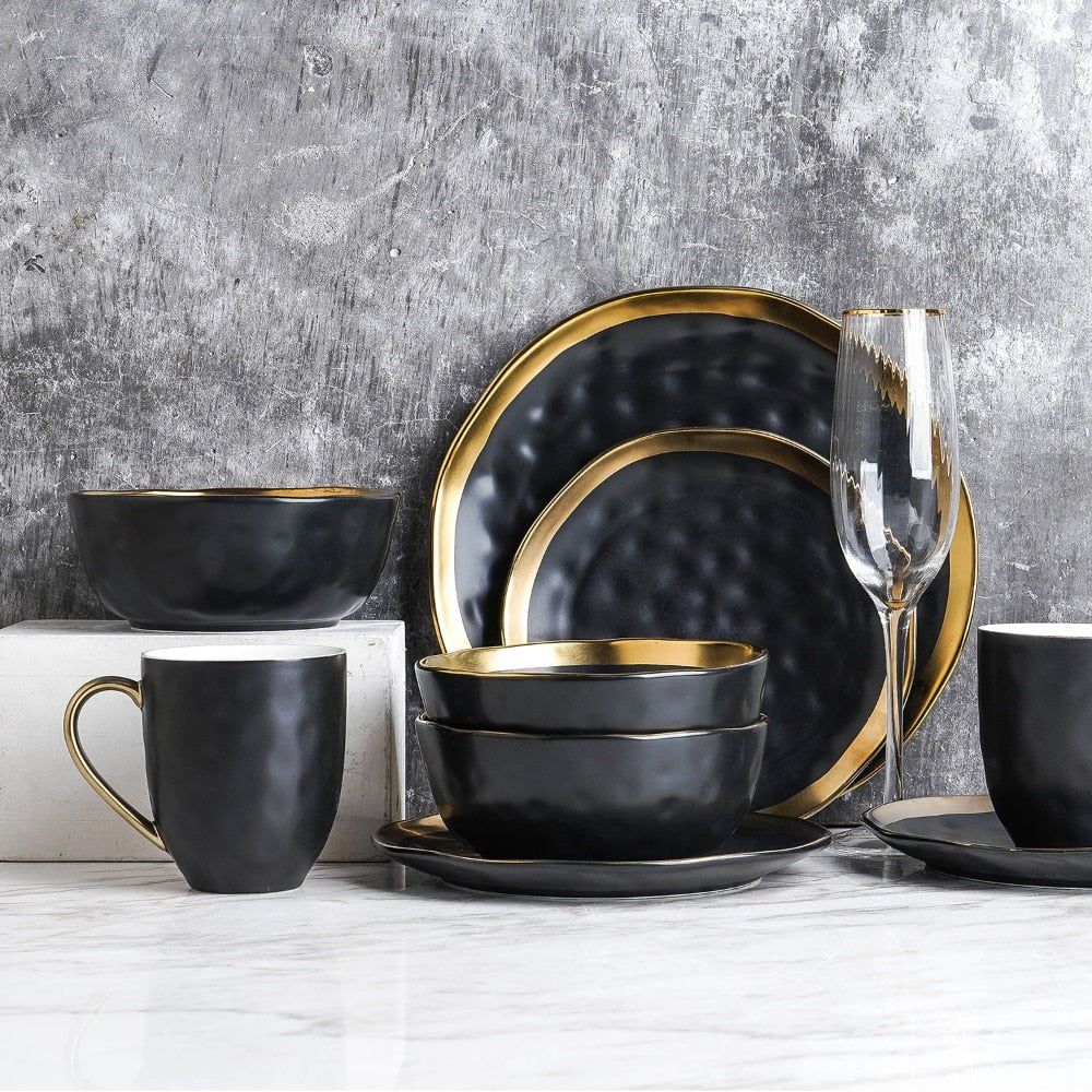 Stone Lain Florian Modern Porcelain Black and Gold 16-Piece Dishes Set - www.DeeneeShop.com